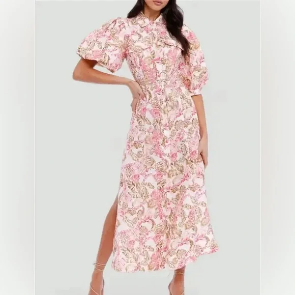 Significant Other Floral Printed Pink Puff Sleeve Midi Dress - Picture 7 of 10